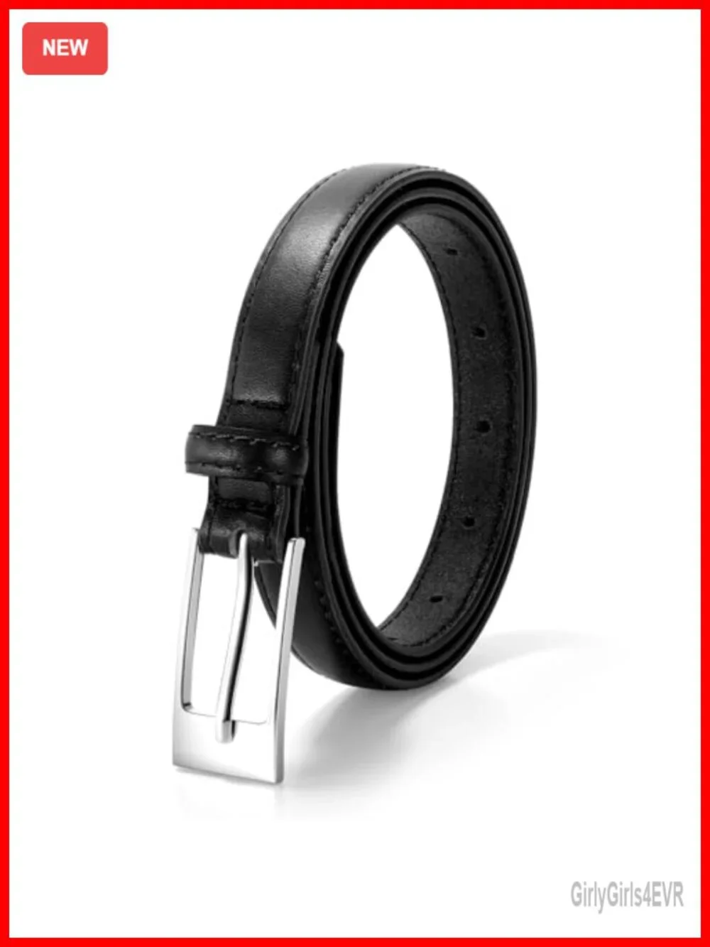 Women's Skinny Faux Leather Belt with Polished Silver Buckle, 0.7